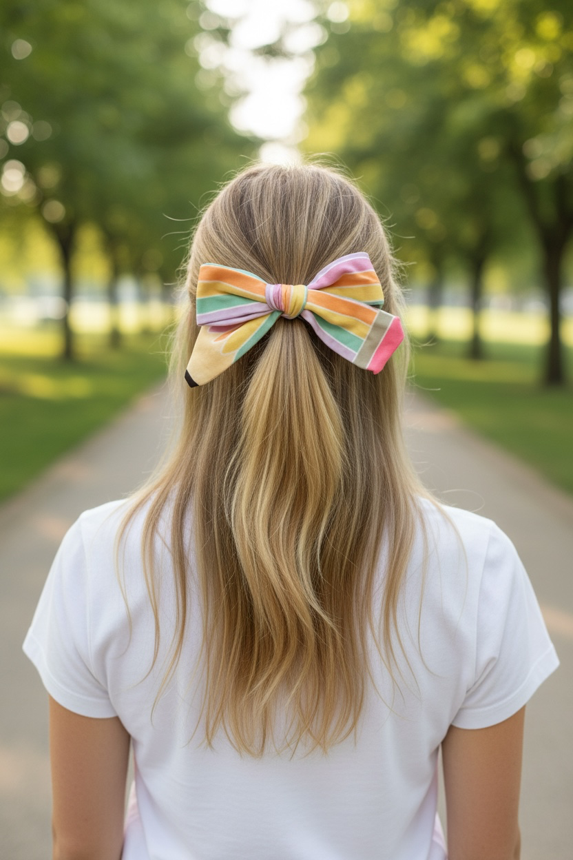 A blonde girl viewed from behind wearing a large pastel rainbow striped hair bow in a park setting.
