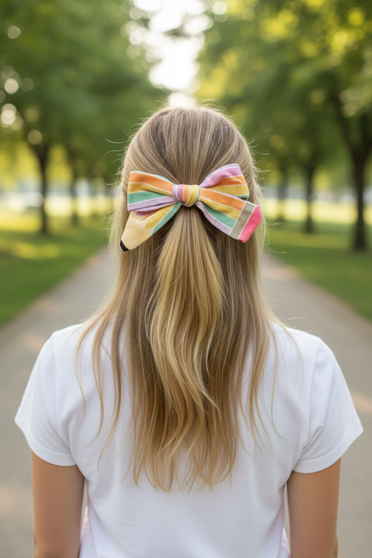 A blonde girl viewed from behind wearing a large pastel rainbow striped hair bow in a park setting.