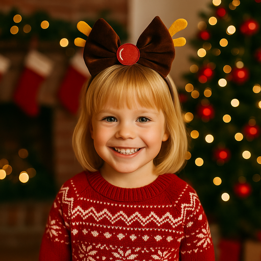 Brown Reindeer Headband with Gold Antlers & Red Nose - Christmas Holiday Costume Accessory