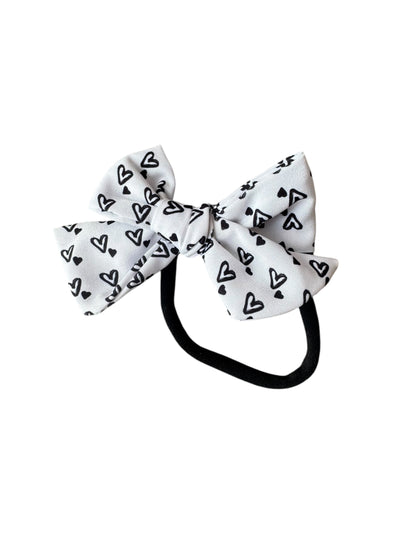 *White with Black Hearts Hair Bows