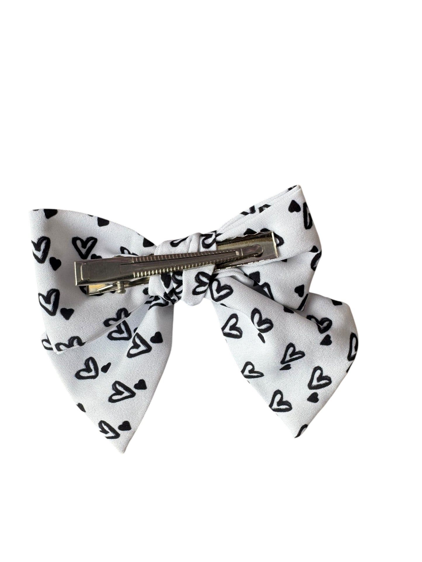 *White with Black Hearts Hair Bows