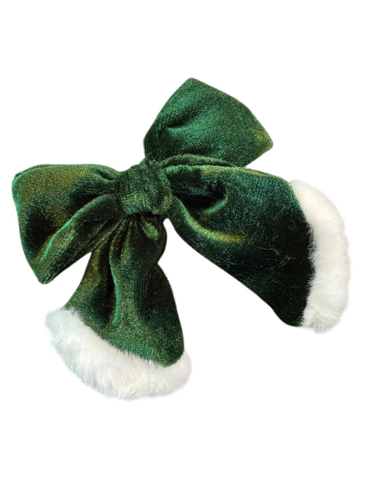 Green Velvet Santa Hair Bows with White Fur Trim - Christmas Hair Accessories