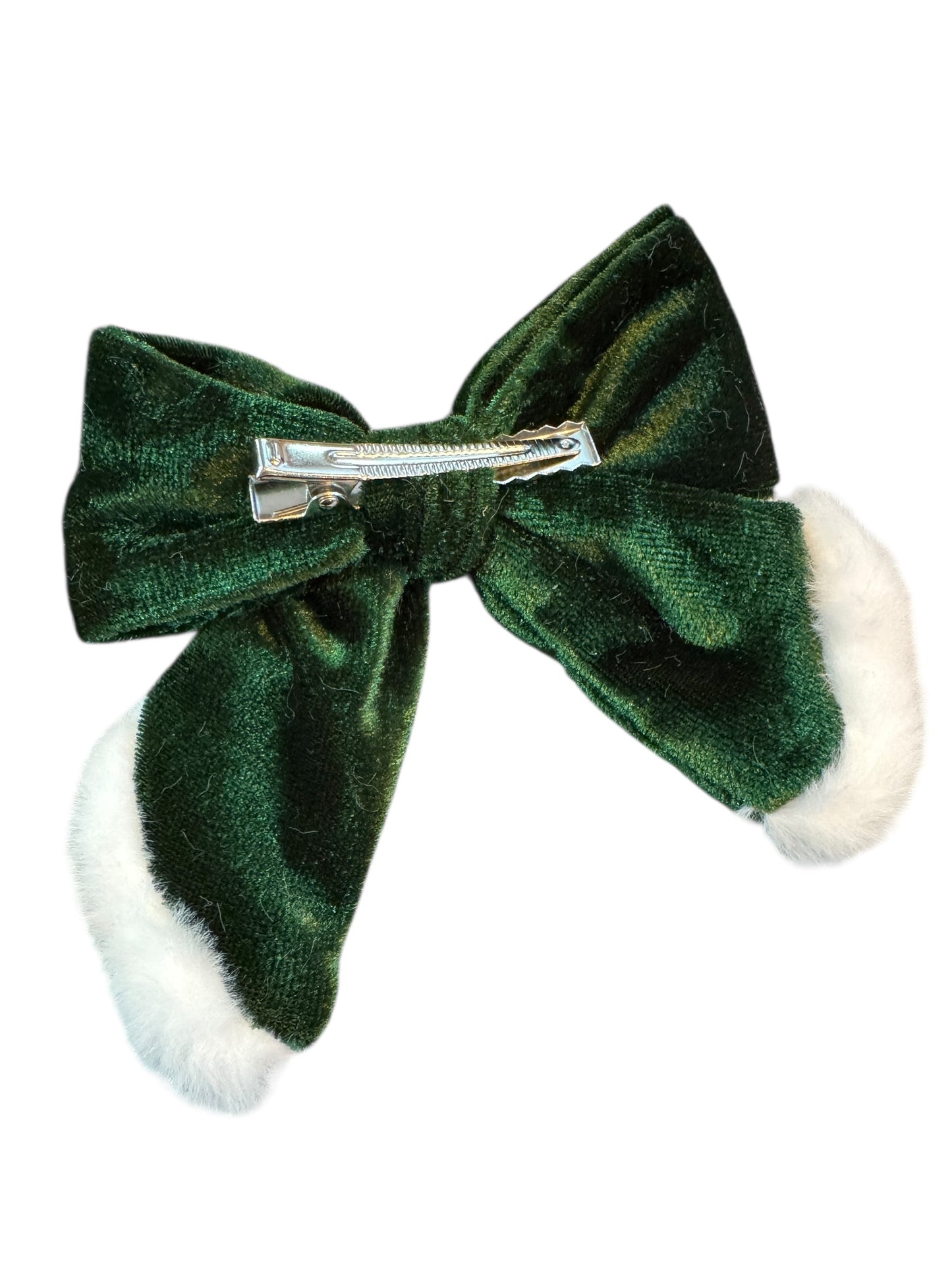 Green Velvet Santa Hair Bows with White Fur Trim - Christmas Hair Accessories