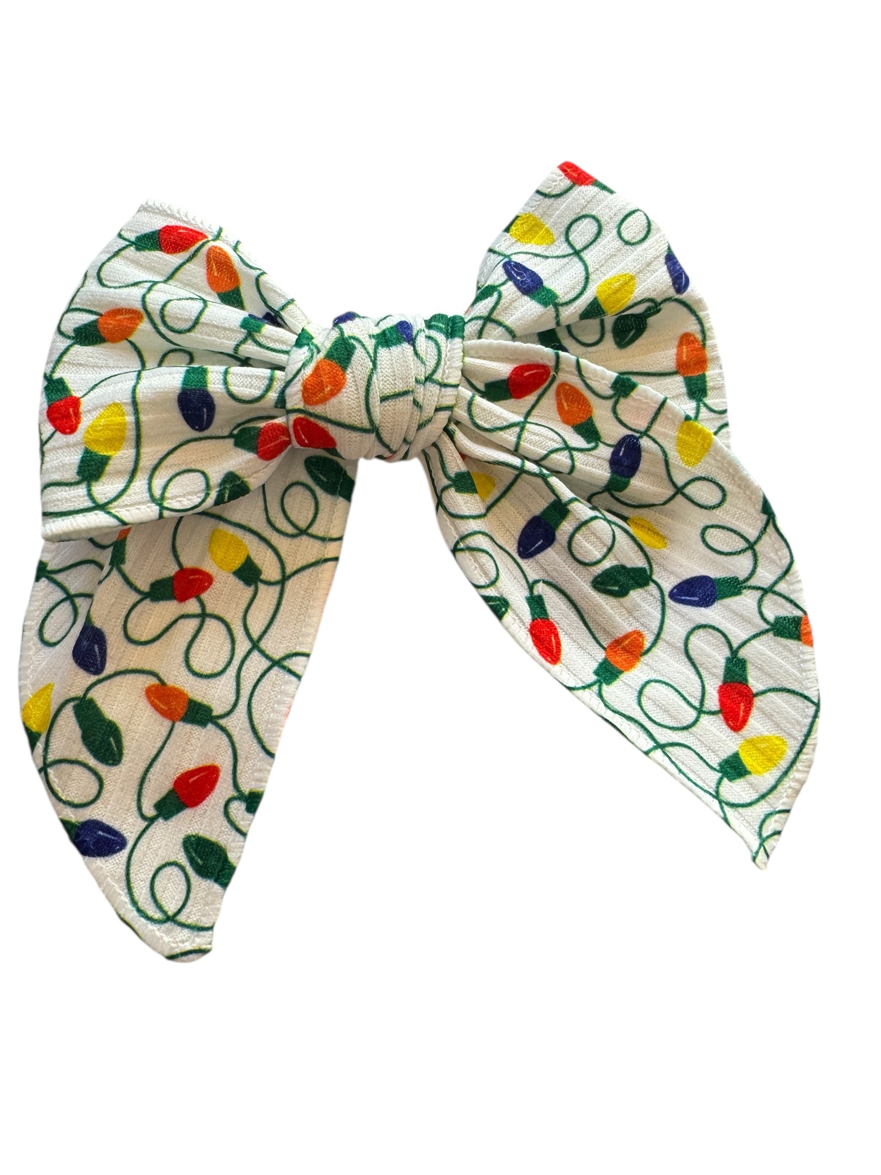 Bow with colorful Christmas light pattern on a white background