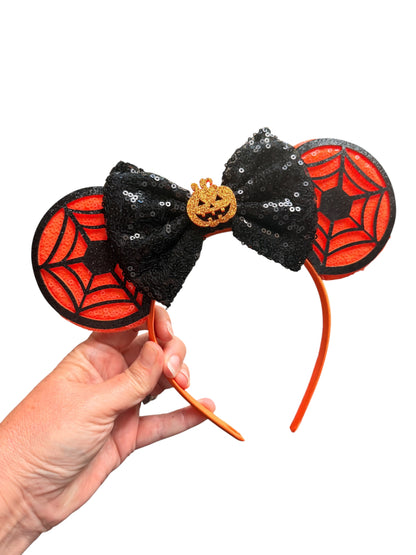 Orange Spiderweb Halloween Mouse Ears Headband