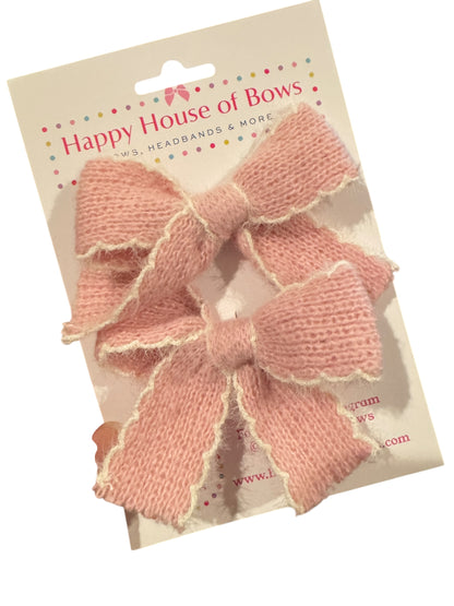 Knit and White Trim Pigtails Hair Bows for Girls - Soft Knit Pigtail Clips