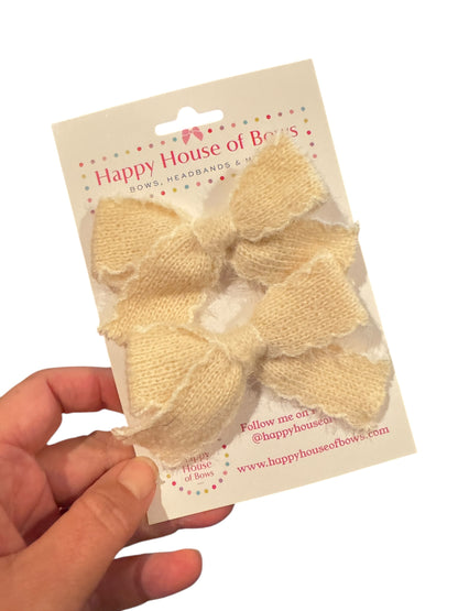 Knit and White Trim Pigtails Hair Bows for Girls - Soft Knit Pigtail Clips