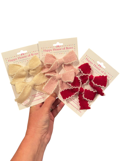 Knit and White Trim Pigtails Hair Bows for Girls - Soft Knit Pigtail Clips