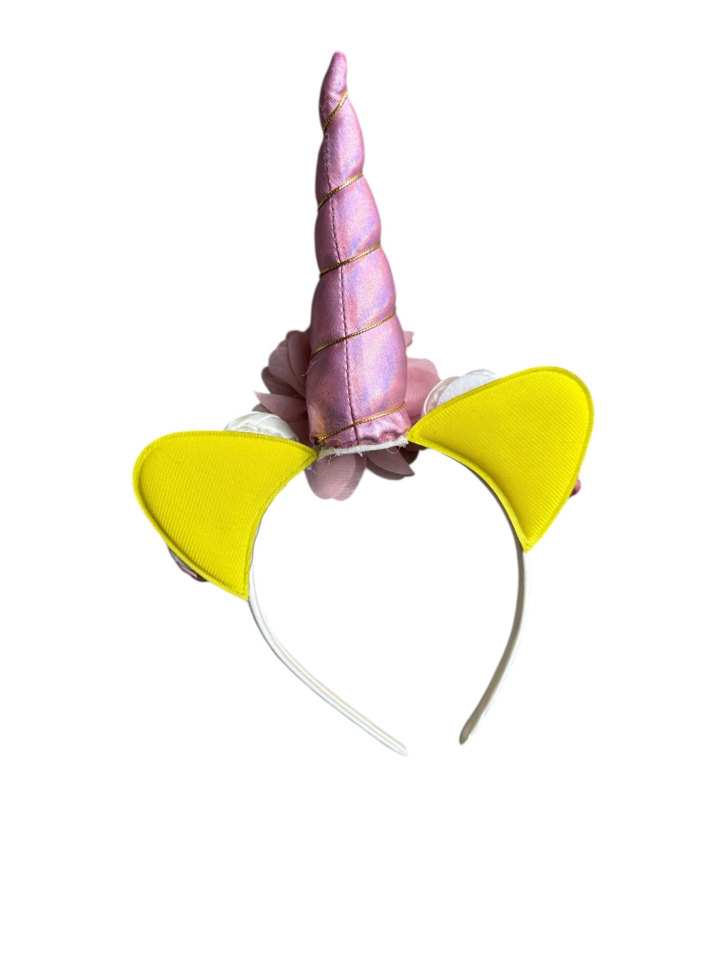Unicorn headband with pink horn and yellow ears on a white background