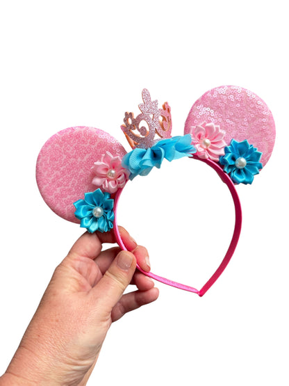 Pink and Aqua Crown Princess Mouse Ear Headbands