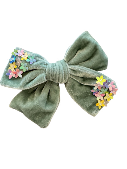 Velvet Hair Bows with Sequin Flowers - Girls Alligator Clip Bows