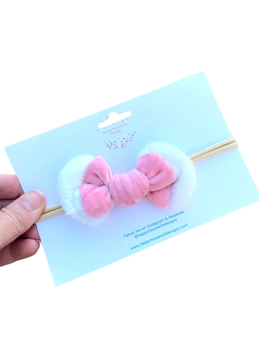 Pink Velvet Santa Hair Bows with White Trim - Christmas Holiday Hair Accessories for Girls