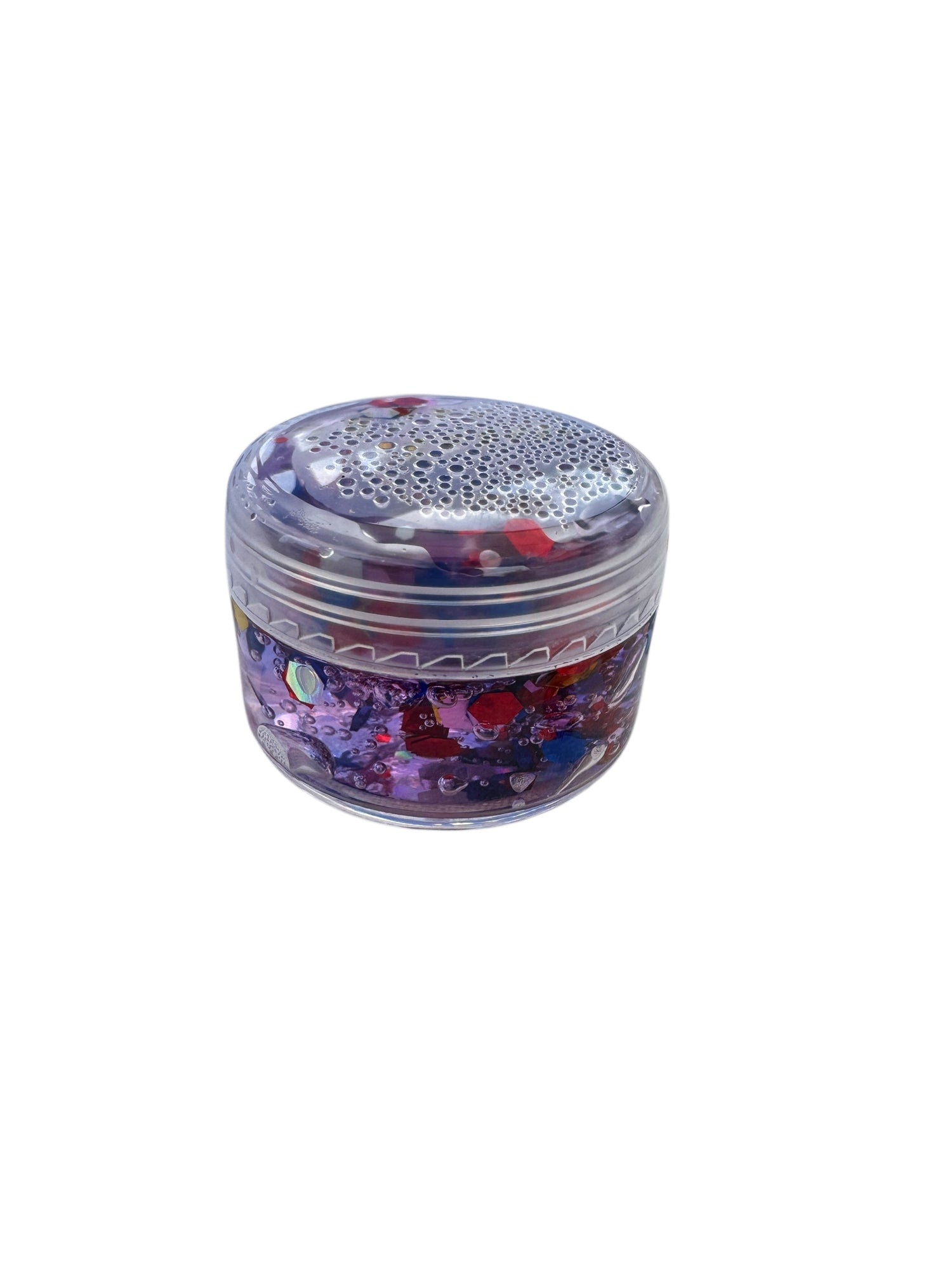 Clear container with colorful glittery hair and body gel on a white background