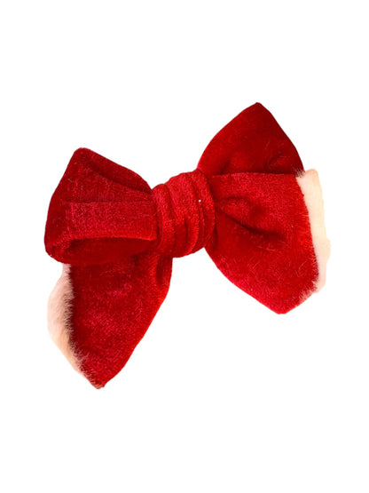 Red Velvet Santa Hair Bows with White Fuzzy Trim - Christmas Holiday Hair Accessories