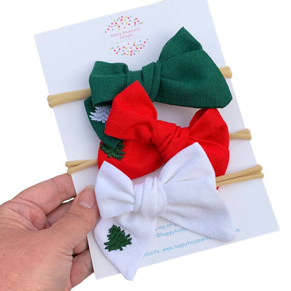 *Small Christmas Tree Linen Hair Bows