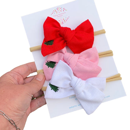 *Small Christmas Tree Linen Hair Bows