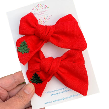 *Small Christmas Tree Linen Hair Bows