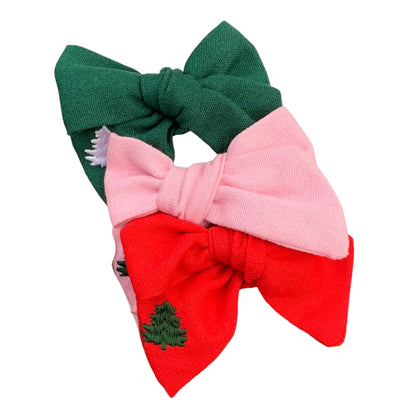 *Small Christmas Tree Linen Hair Bows