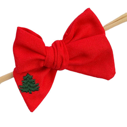 *Small Christmas Tree Linen Hair Bows