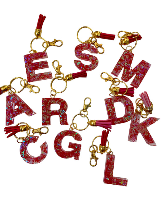 Pink Stars Resin Letter Keychains