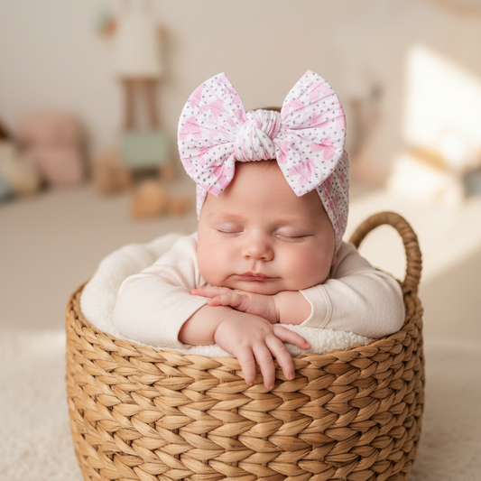Baby wearing heart scrunchie headband on woven basket