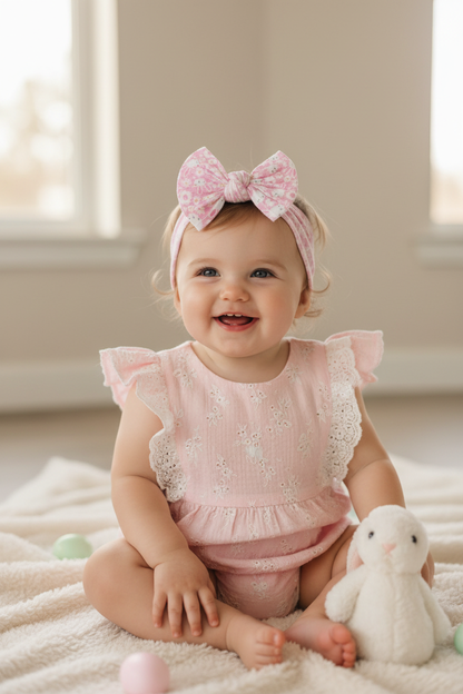 Baby wearing pink bunny bow headband with Easter outfit