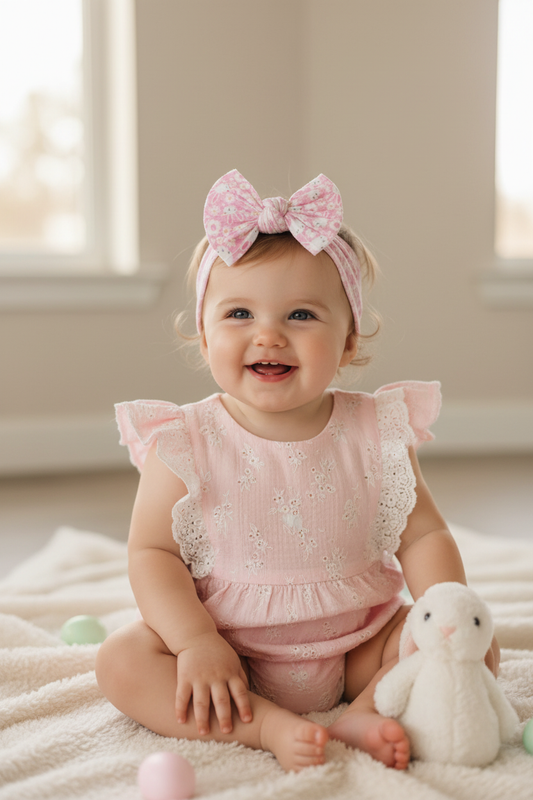Baby wearing pink bunny bow headband with Easter outfit