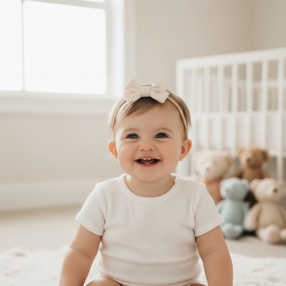 Baby wearing small suede bow headband