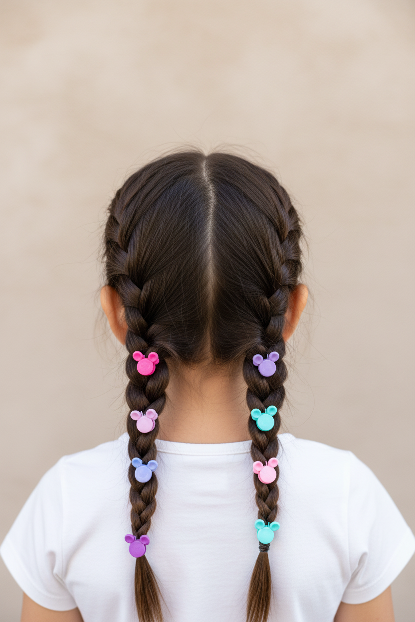 Braided pigtails with mini Mickey Mouse claw clips