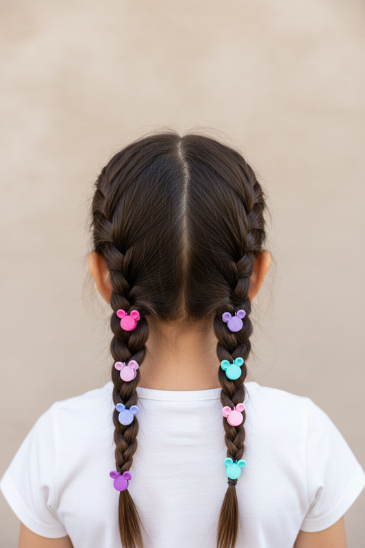 Braided pigtails with mini Mickey Mouse claw clips