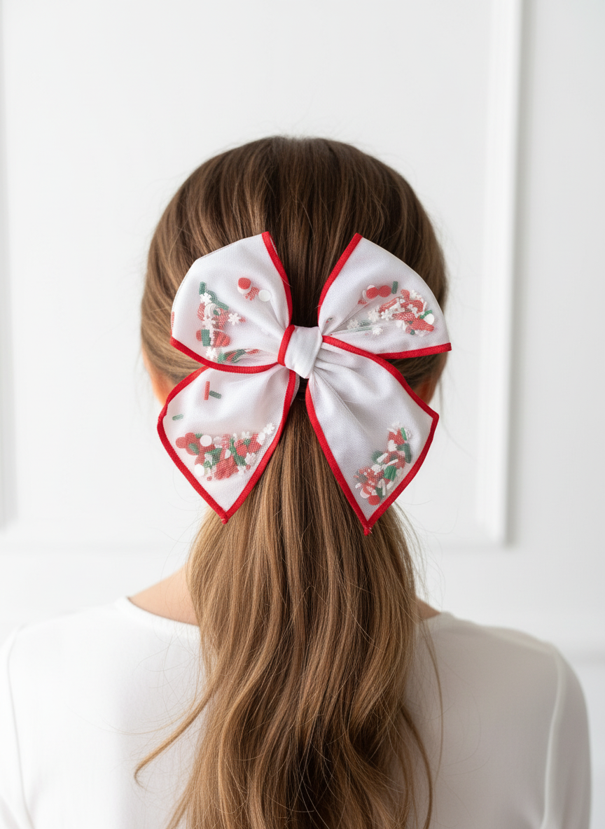 Candy cane bow on half-up half-down hairstyle