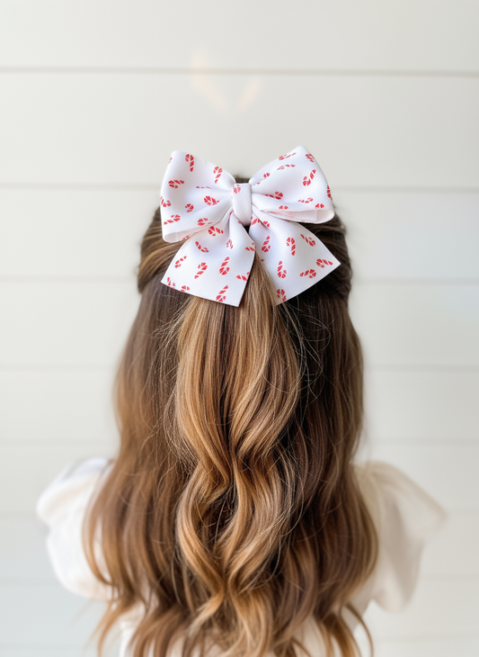 Candy cane hair bow lifestyle image - half up half down hairstyle