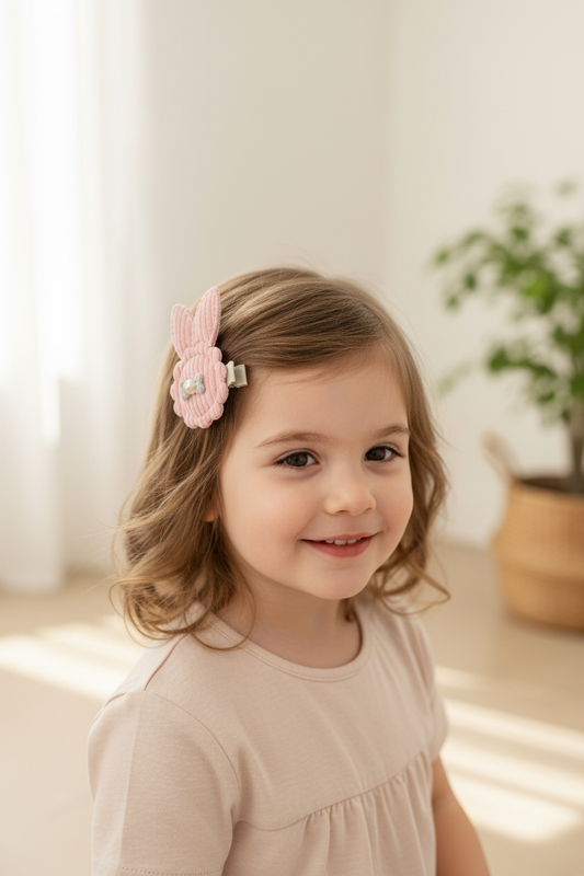 Child wearing bunny corduroy clip holding back bangs