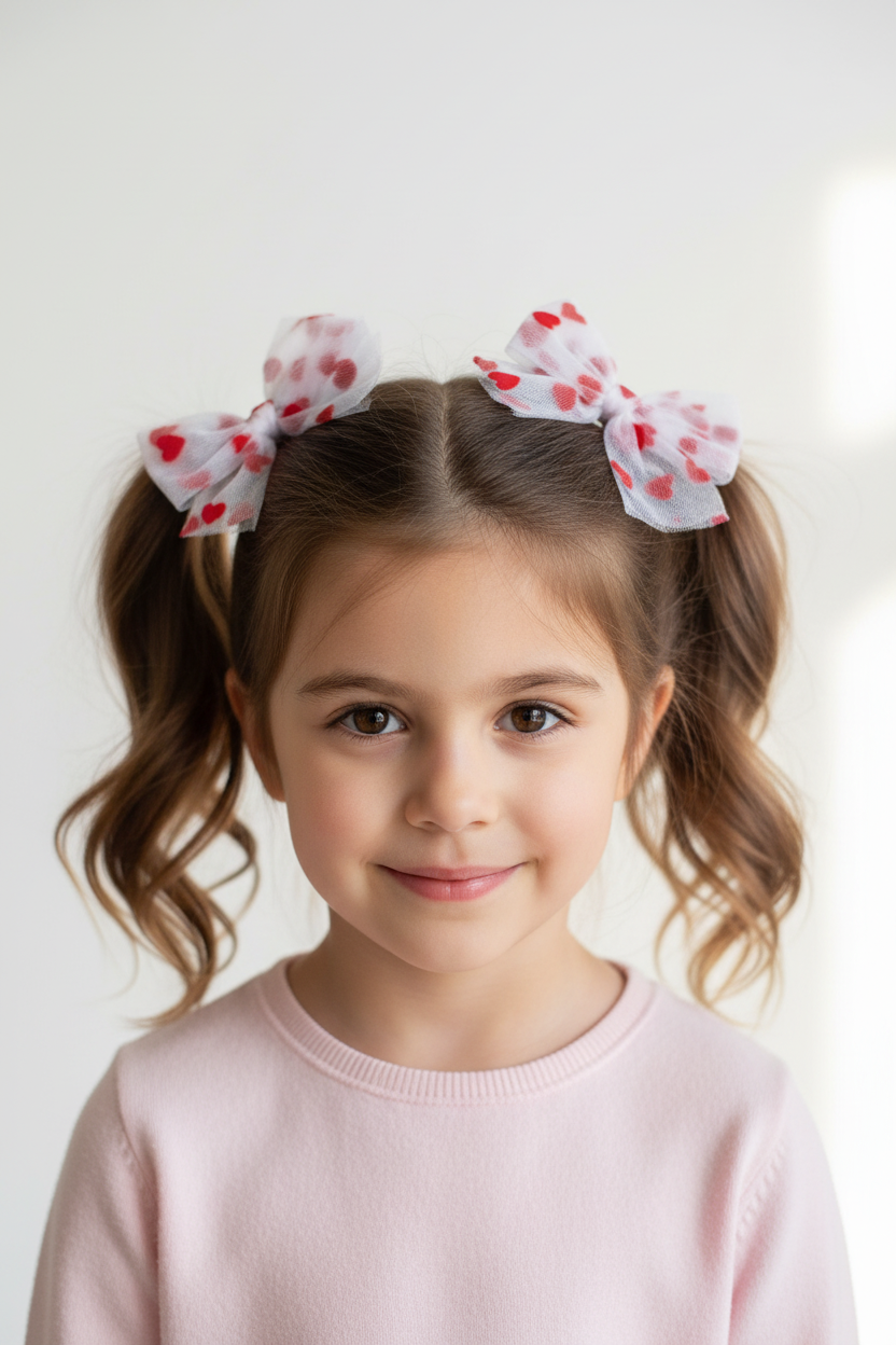 Child wearing tulle heart bows as pigtails - front view