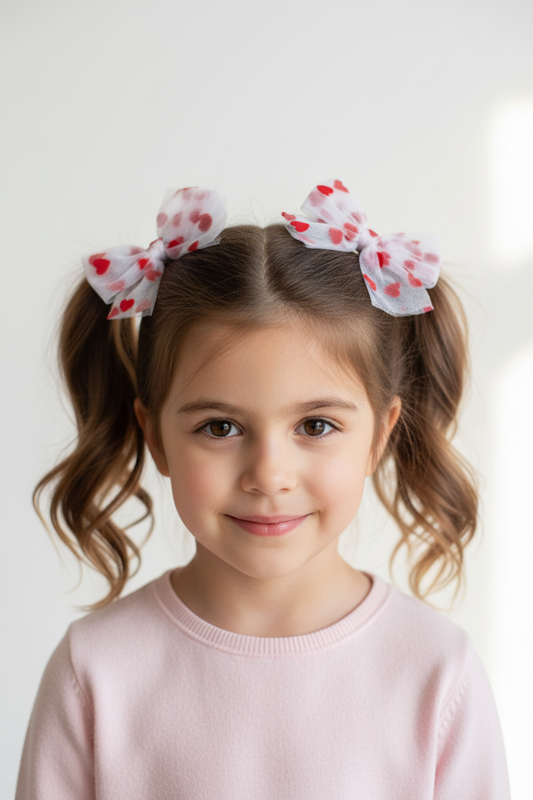 Child wearing tulle heart bows as pigtails - front view