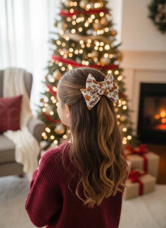 Christmas lifestyle image of girl wearing gingerbread mouse Charlotte bow from behind