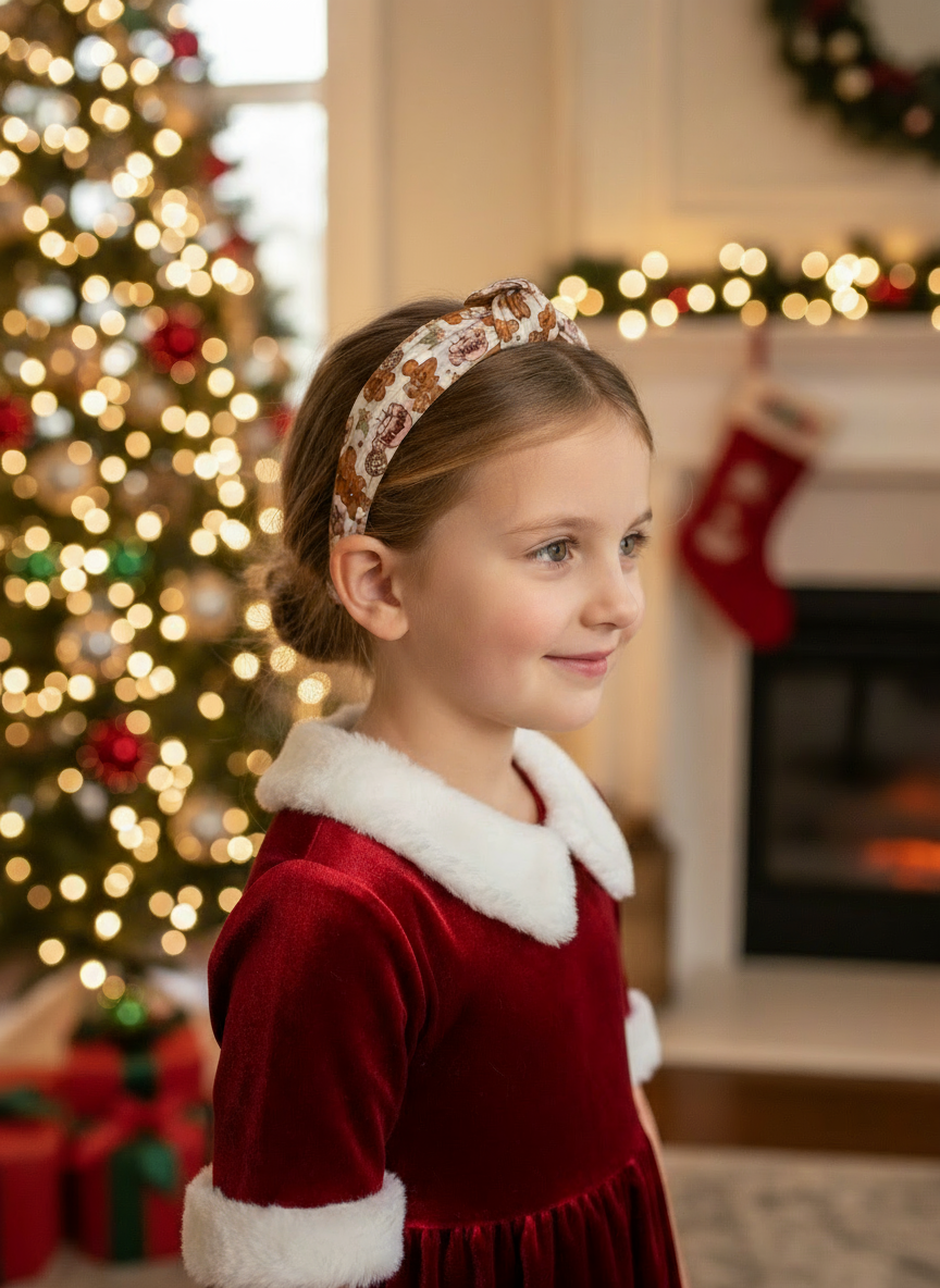 Christmas lifestyle image of girl wearing gingerbread mouse knotted headband - corrected version