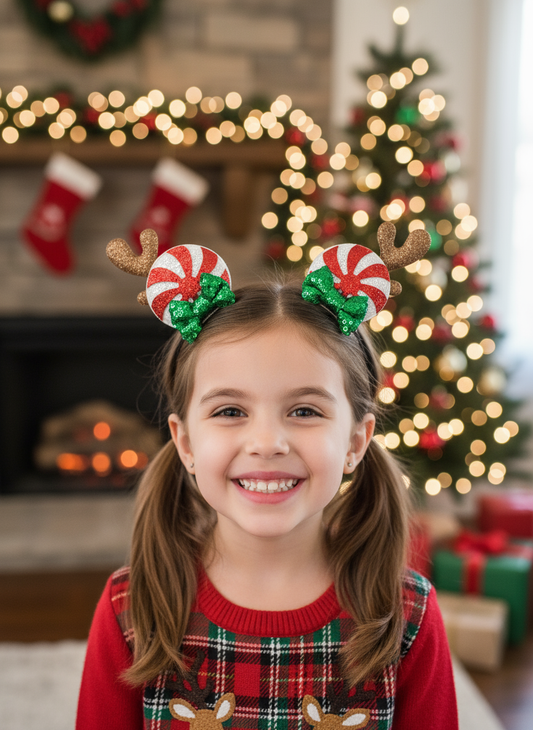 Christmas lifestyle image of girl wearing reindeer mouse ear clips in pigtails