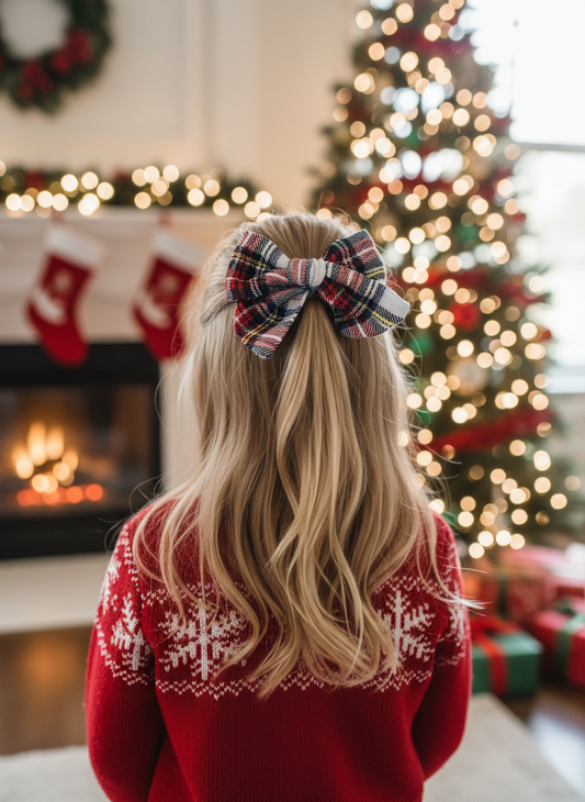Christmas lifestyle image of girl wearing white plaid flannel hair bow from behind
