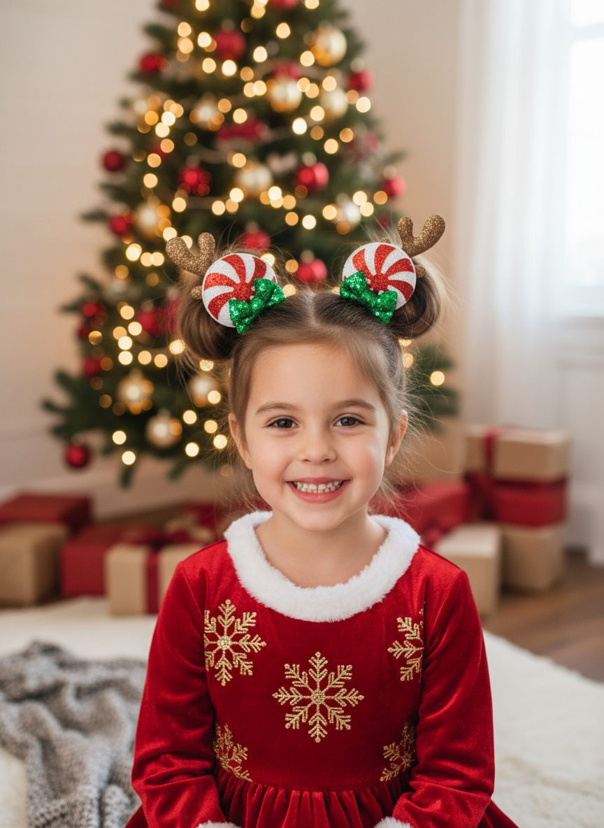 Christmas lifestyle image of girl with reindeer mouse ear clips on high pigtails