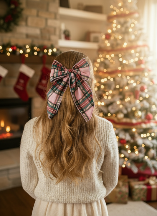 Christmas lifestyle image with adult woman wearing pink flannel plaid hair bow