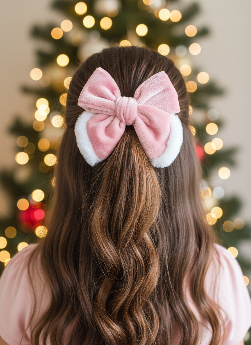 Christmas lifestyle image with pink bow in half-up half-down hairstyle