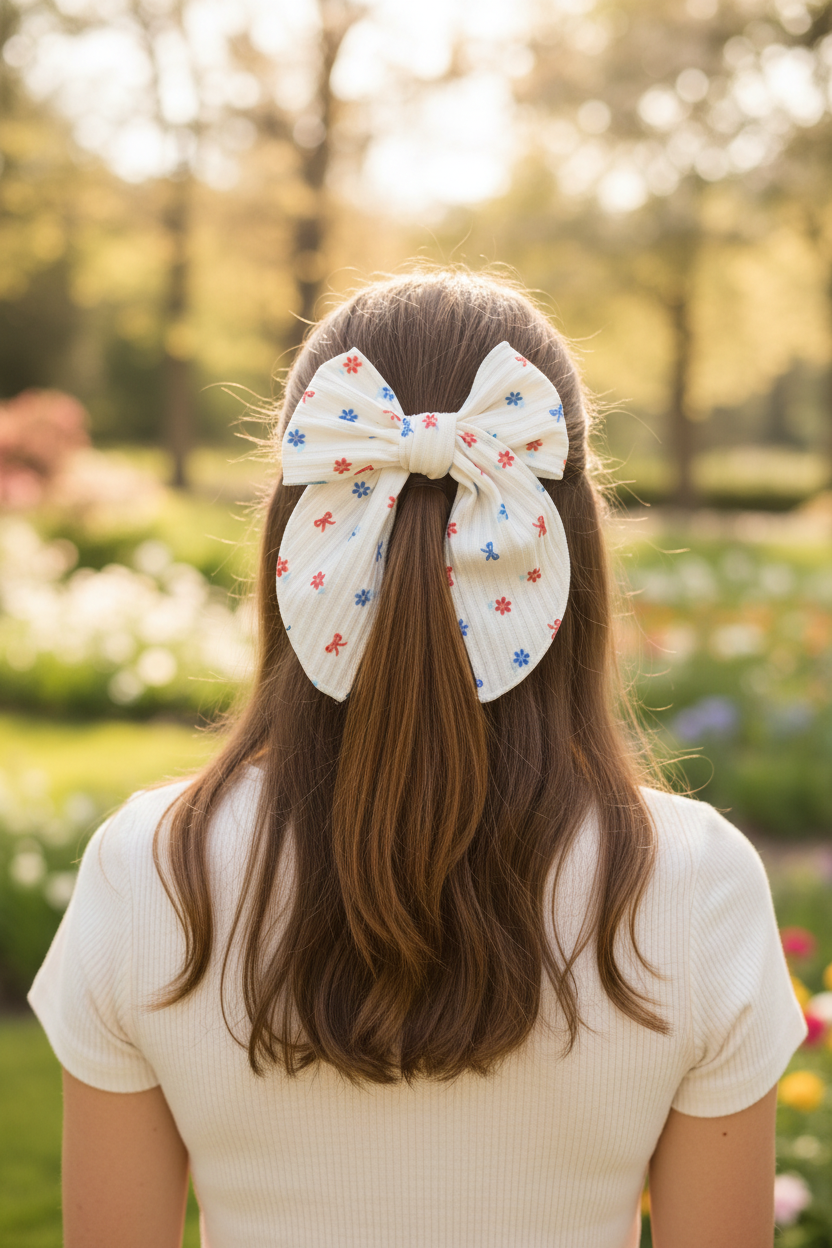 Cream Floral Mini Bow Half-Up Hairstyle