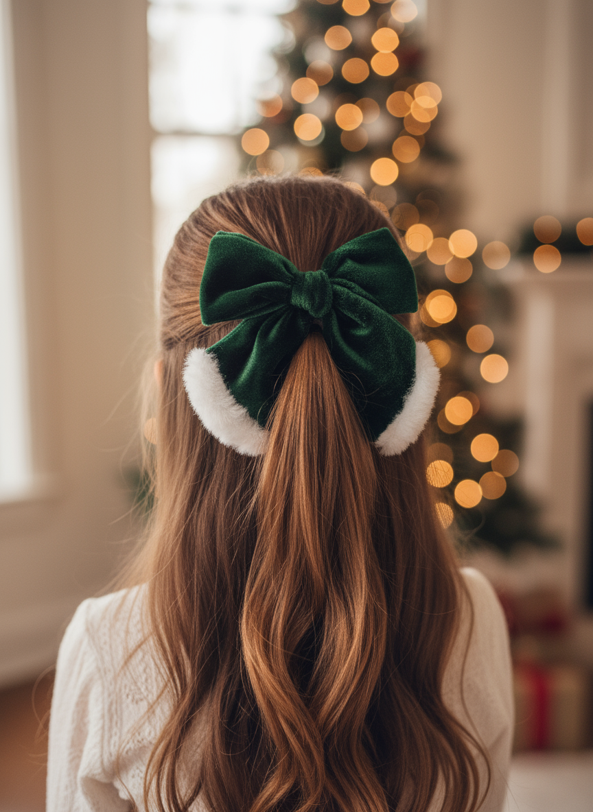 Emerald green velvet bow in child's half-up ponytail