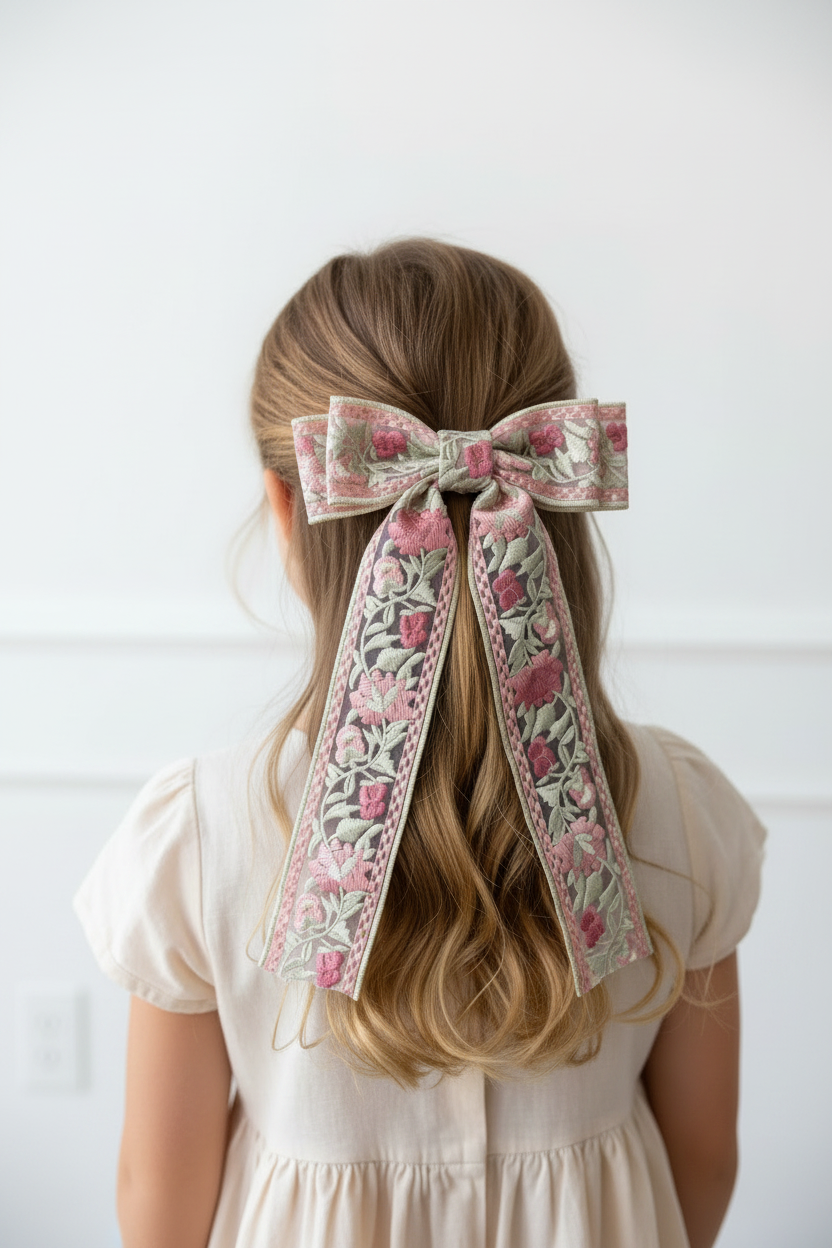 Floral Long Tail Hair Bow Lifestyle - Shorter Tails