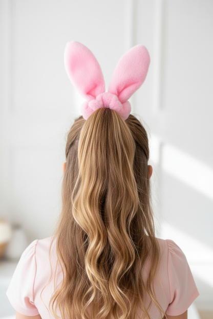 Girl wearing adjustable bunny ear scrunchie from back in ponytail