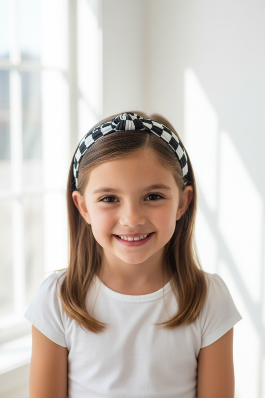 Girl wearing black and white checkered headband