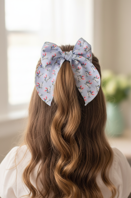Girl wearing blue bunny bow from back in half-up hairstyle