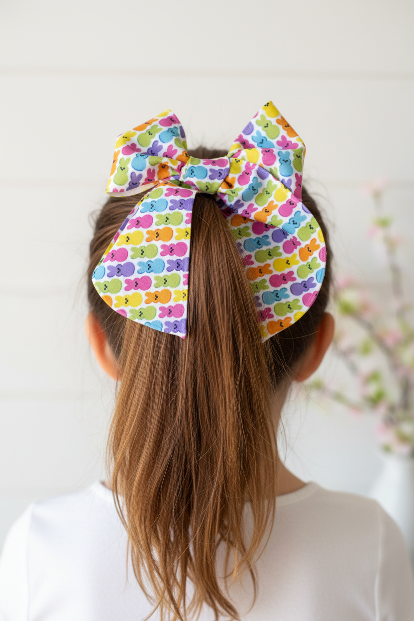 Girl wearing Bright Peeps bow from back in ponytail