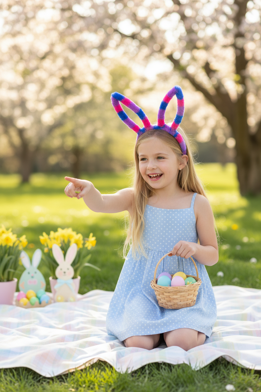 Girl wearing bright purple bunny ears during Easter activity